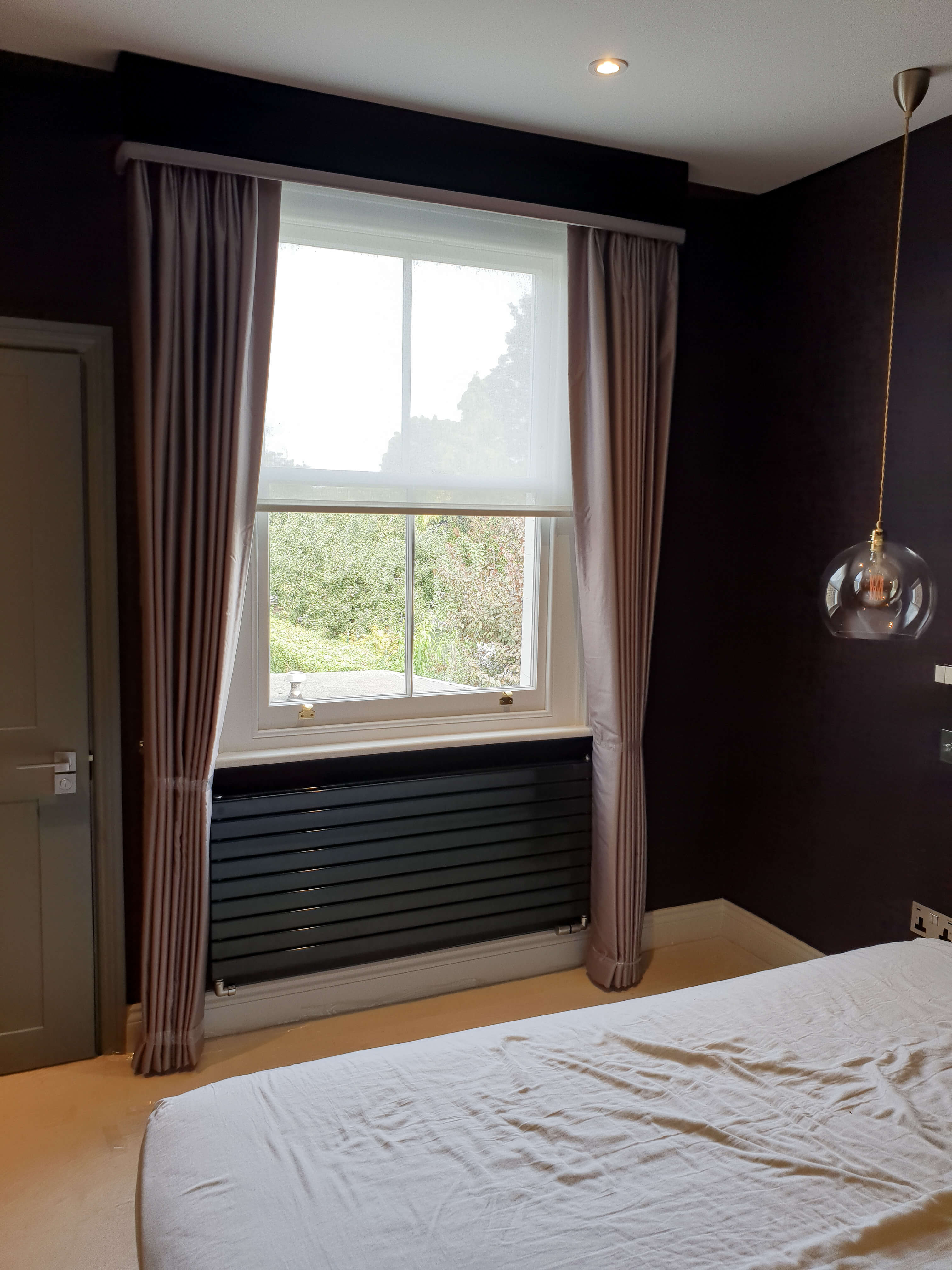 Purple bedroom curtains with velvet box pelmet and sheer privacy blind