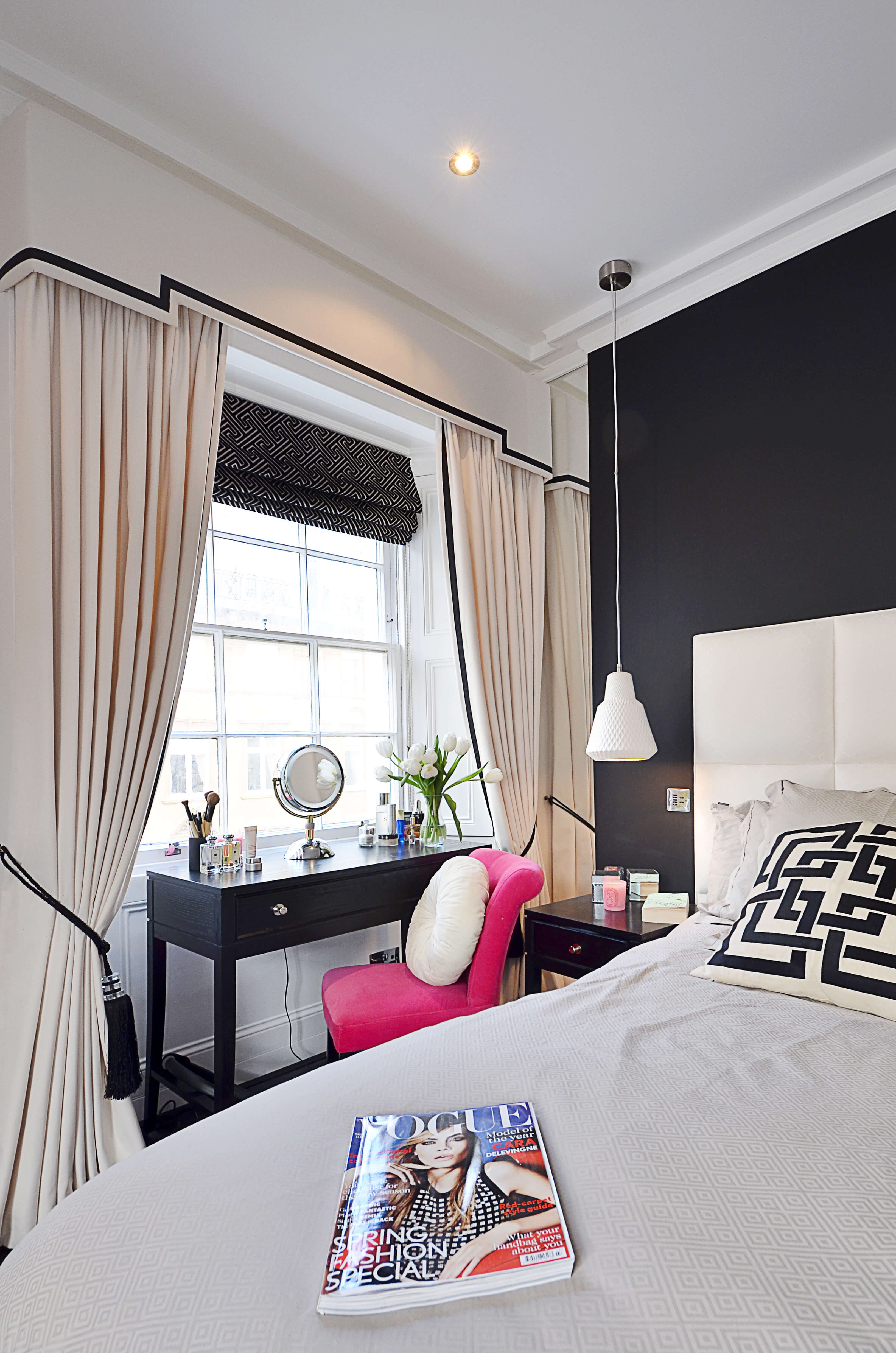 White bordered bedroom curtains with shaped pelmet