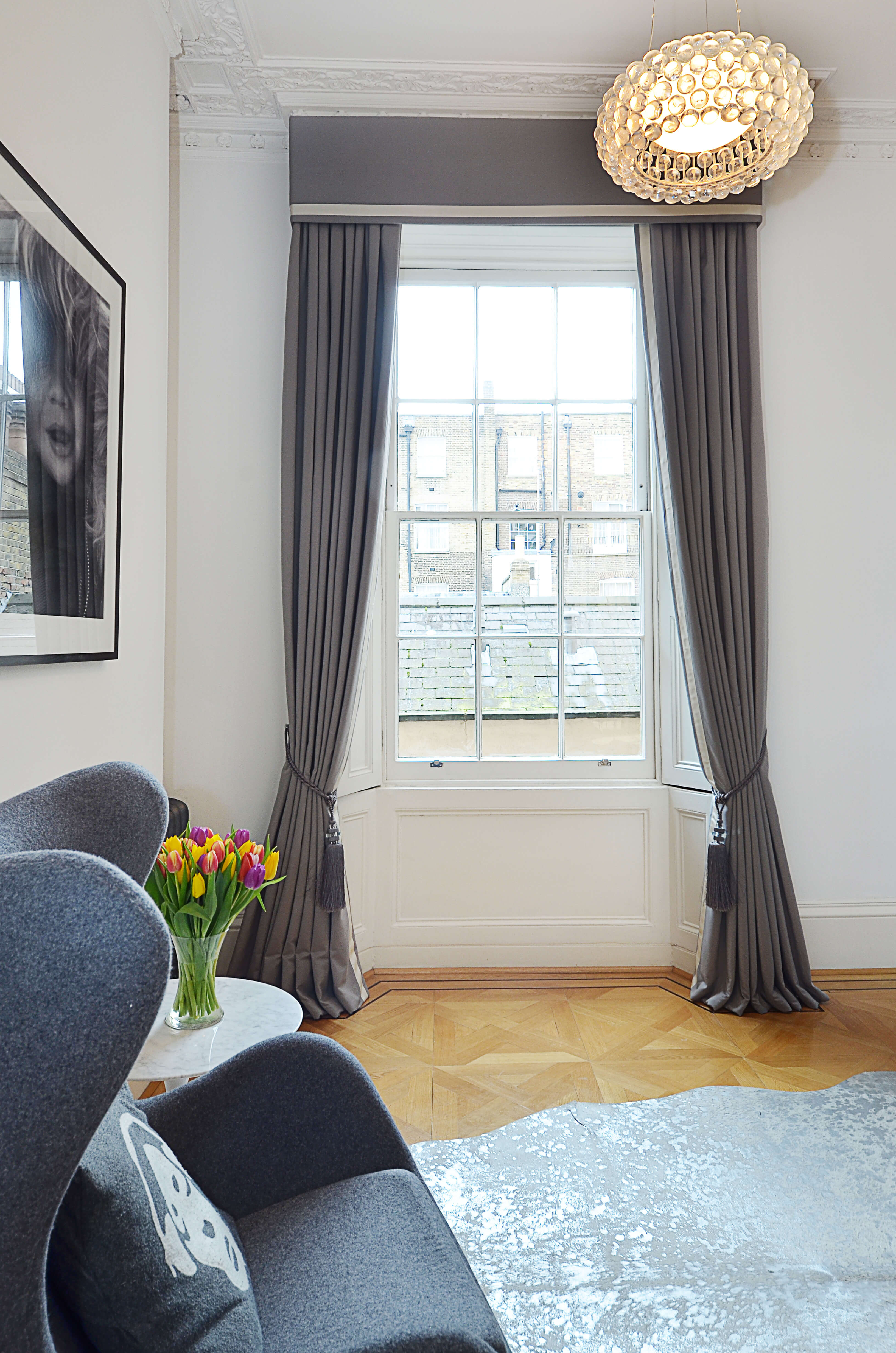 Grey bordered curtains with box pelmet & tiebacks