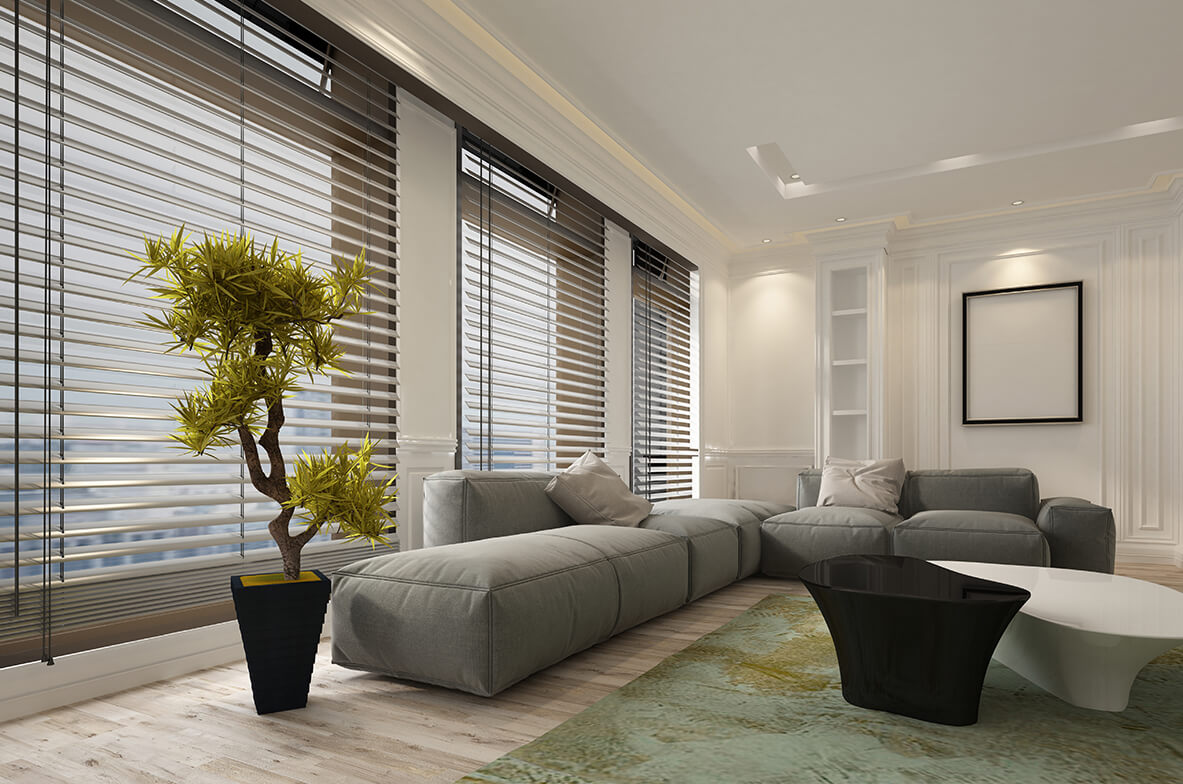 Wood venetian blinds in office space