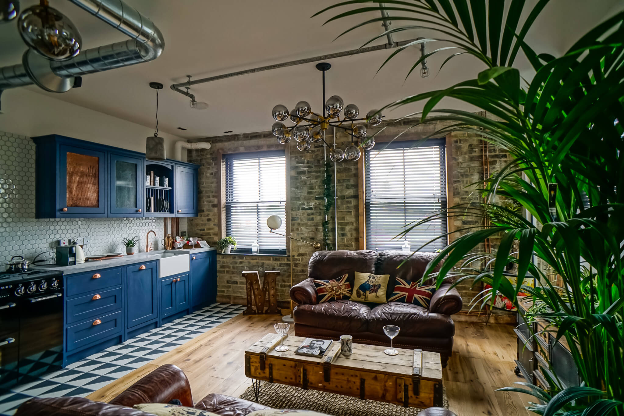 Living room with black venetian blinds