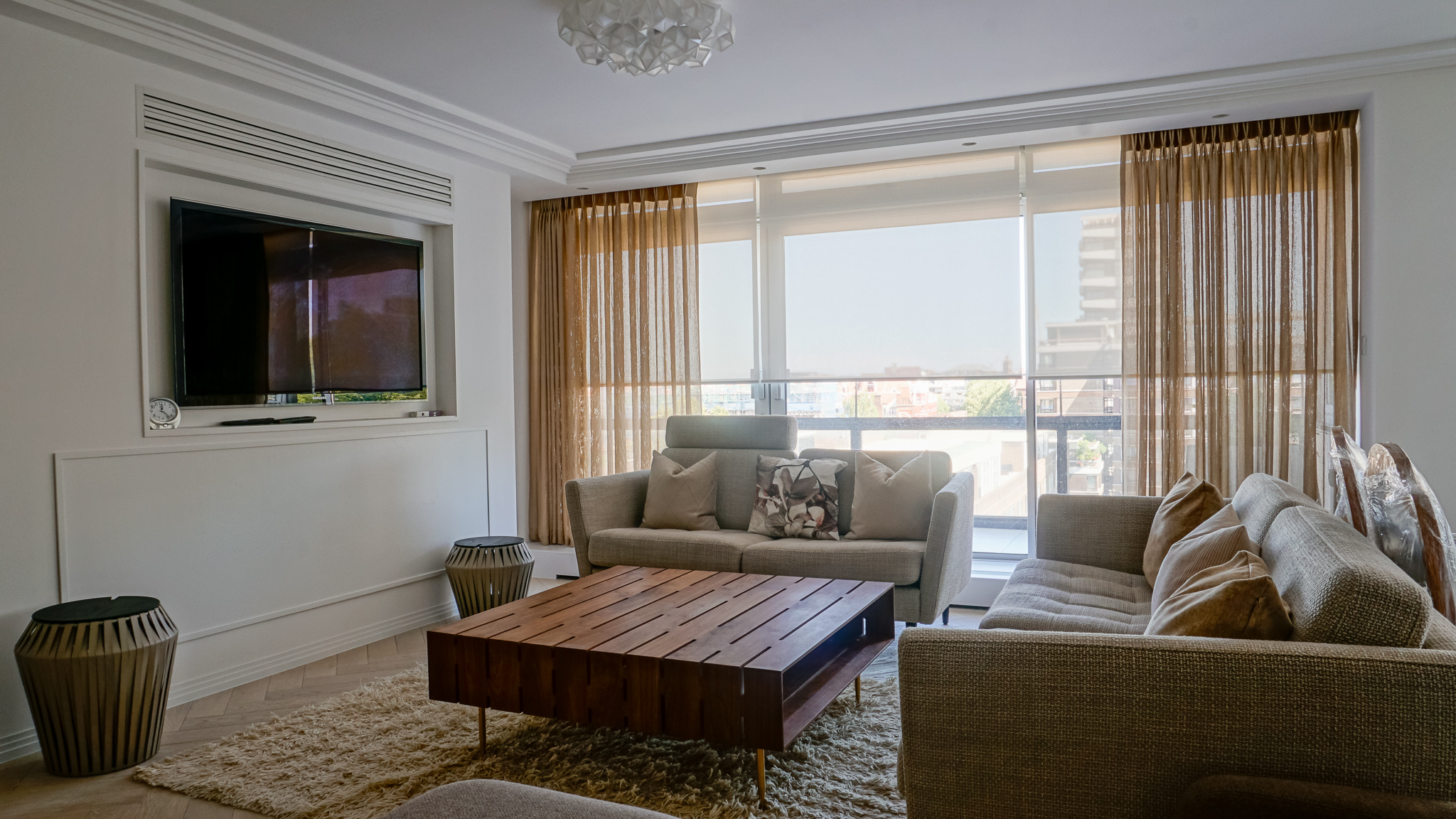 Living room sheers with electric blinds